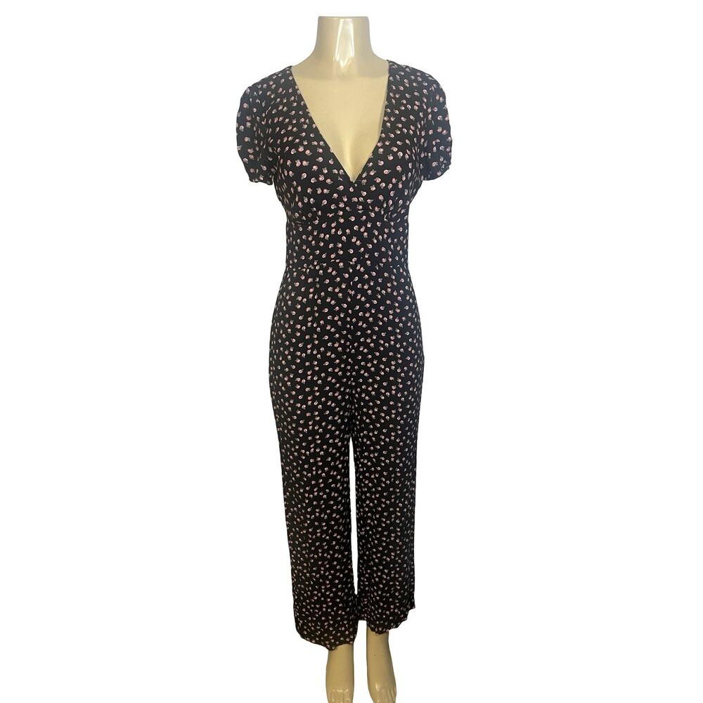 Free People Jumpsuit Womens 8 Black Floral V Neck Short Sleeve Side‎ Zip Casual